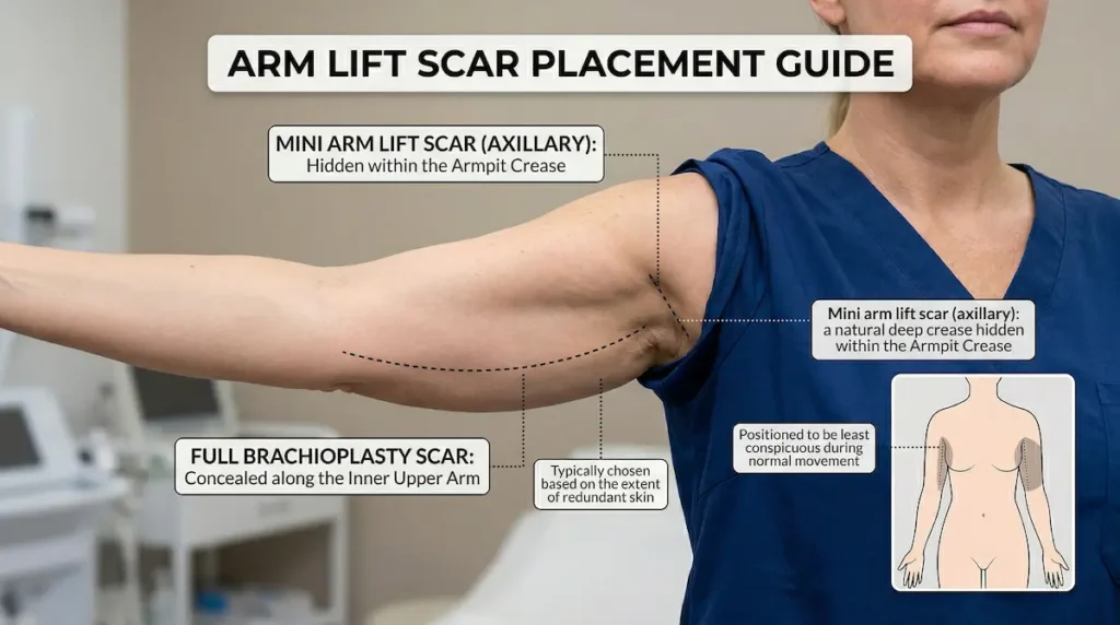 Clinical diagram showing where an arm lift scar is usually placed, from the armpit crease to the inner upper arm.