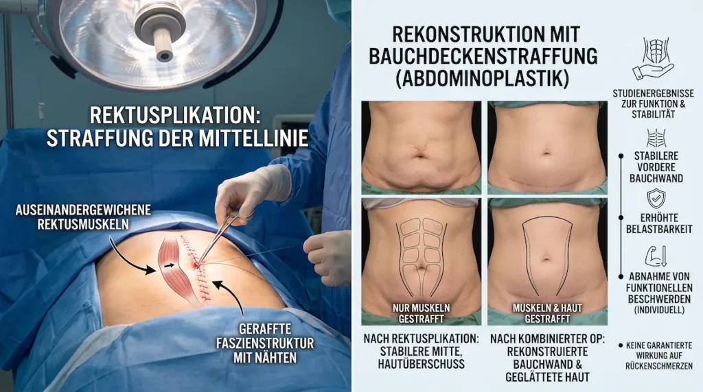 Medizinische Darstellung einer Rektusdiastase OP mit Rektusplikation zur Stabilisierung der vorderen Bauchwand.