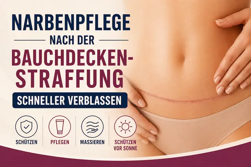 Bauchdeckenstraffung Narbenpflege – sichtbare Unterbauchnarbe mit Symbolen für Silikonpflege, Massage und UV-Schutz.