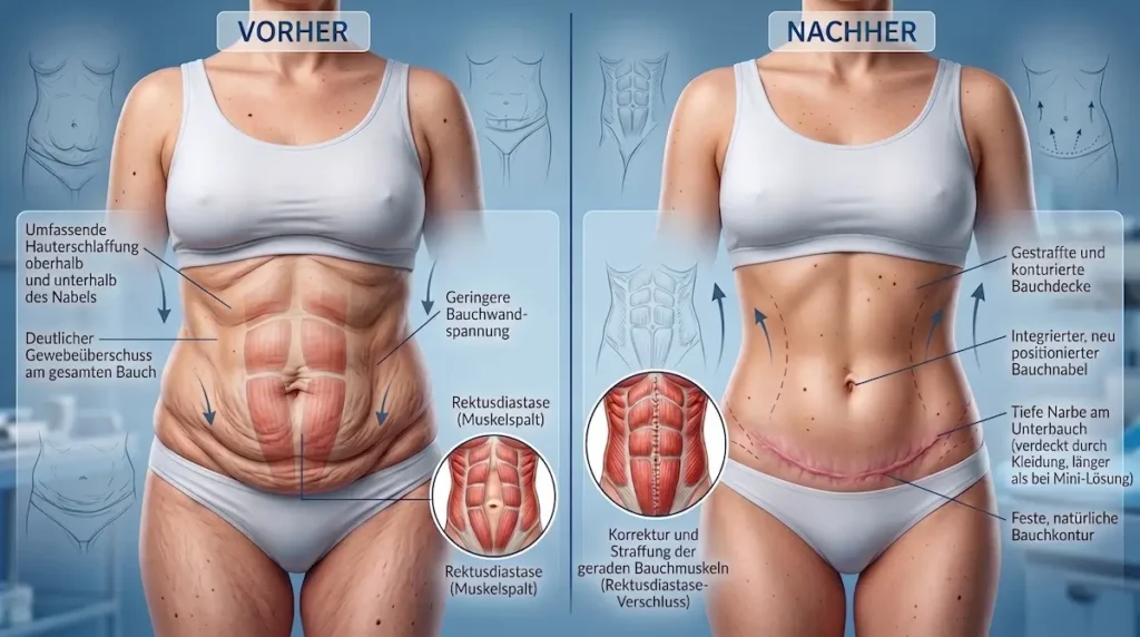 Mini oder komplette Bauchdeckenstraffung: Vorher-Nachher-Grafik mit Hautüberschuss, Rektusdiastase und Bauchnabelkorrektur.