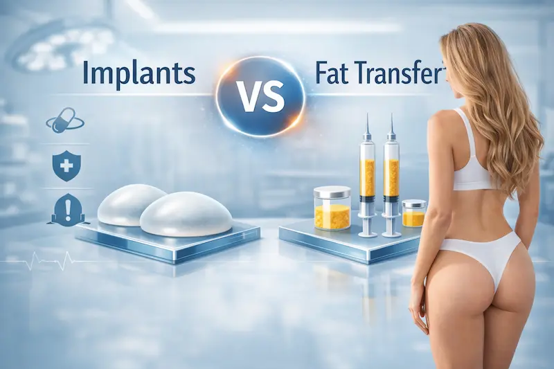 BBL implants vs fat transfer comparison graphic showing implants on the left and fat transfer syringes on the right in a clinical setting