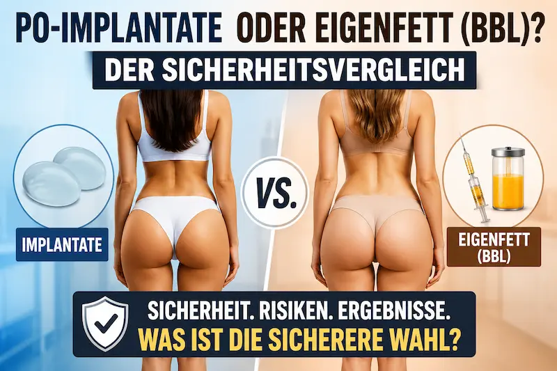 Po Implantate oder Eigenfett: Sicherheitsvergleich mit BBL, Implantatdarstellung und Eigenfetttransfer.