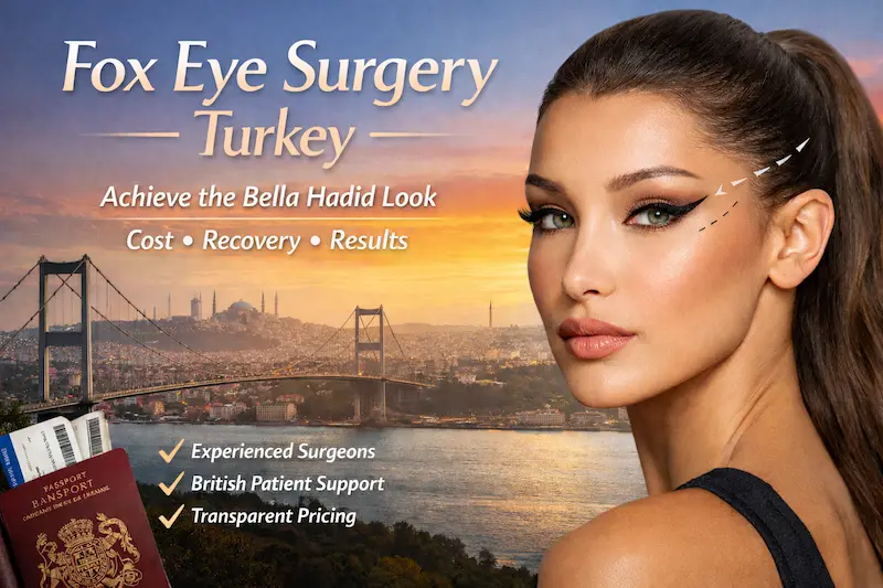 Promotional image for fox eye surgery Turkey showing a lifted almond eye look, Istanbul skyline, recovery focus and British patient support.