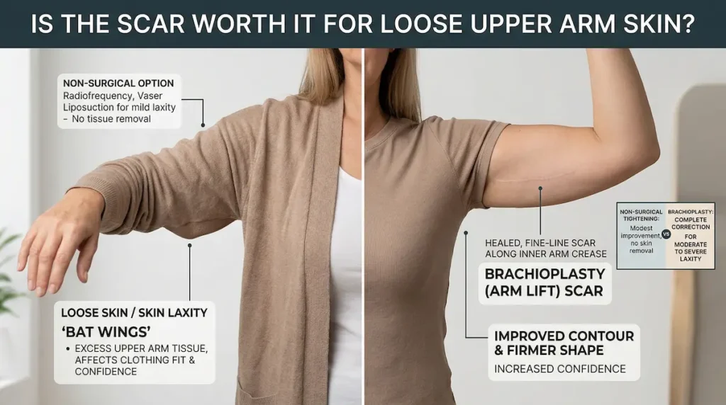Split image showing an arm lift scar result for loose upper arm skin, comparing brachioplasty with Vaser liposuction and improved contour.