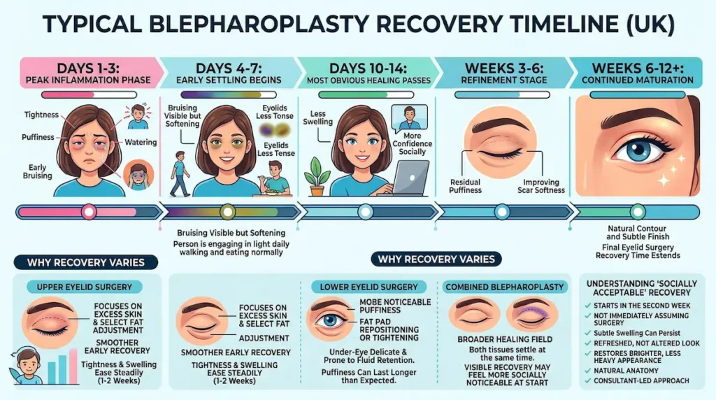 Blepharoplasty recovery time infographic showing a typical healing timeline from days 1–3 to weeks 6–12+, including swelling, bruising and refinement stages.