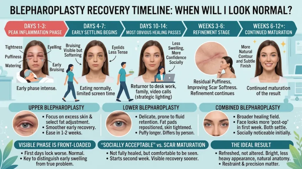 Blepharoplasty recovery time infographic showing when patients look normal after eyelid surgery, from early swelling and bruising to subtle final refinement.
