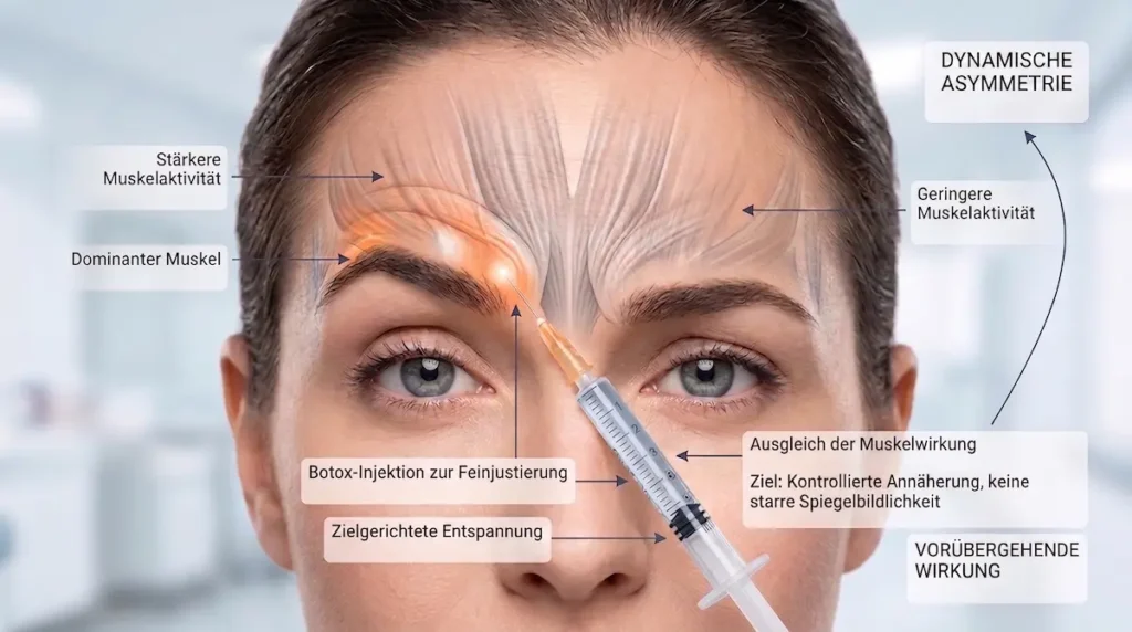 Asymmetrische Augenbrauen Korrektur mit Botox-Browlift zur gezielten Feinjustierung unterschiedlicher Muskelaktivität.
