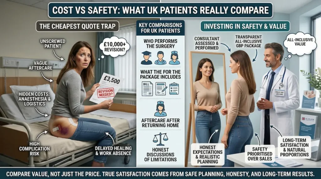 Cost and recovery infographic for BBL implants vs fat transfer, showing how UK patients compare revision risk, aftercare, package value, and long-term safety.