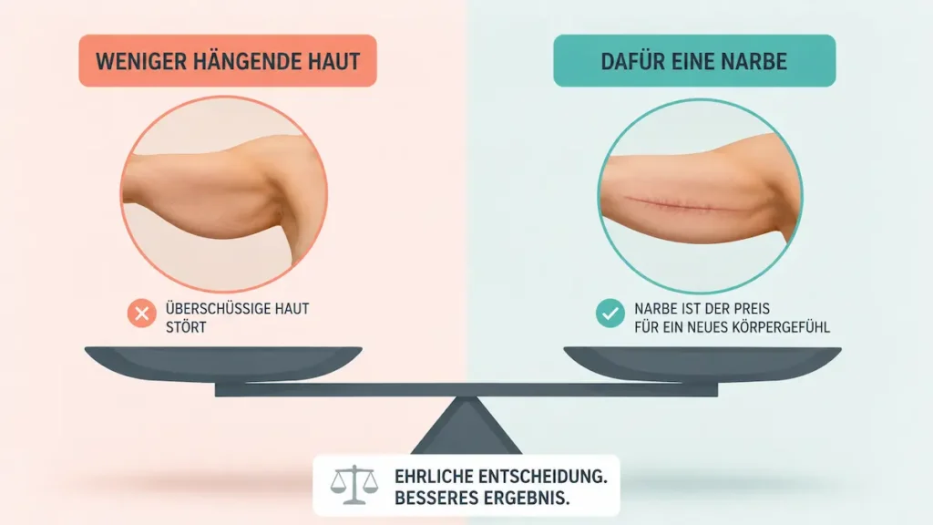Oberarmstraffung Narben: Vergleich von hängender Haut und sichtbarer Narbe als ehrliche Abwägung vor der Armstraffung.