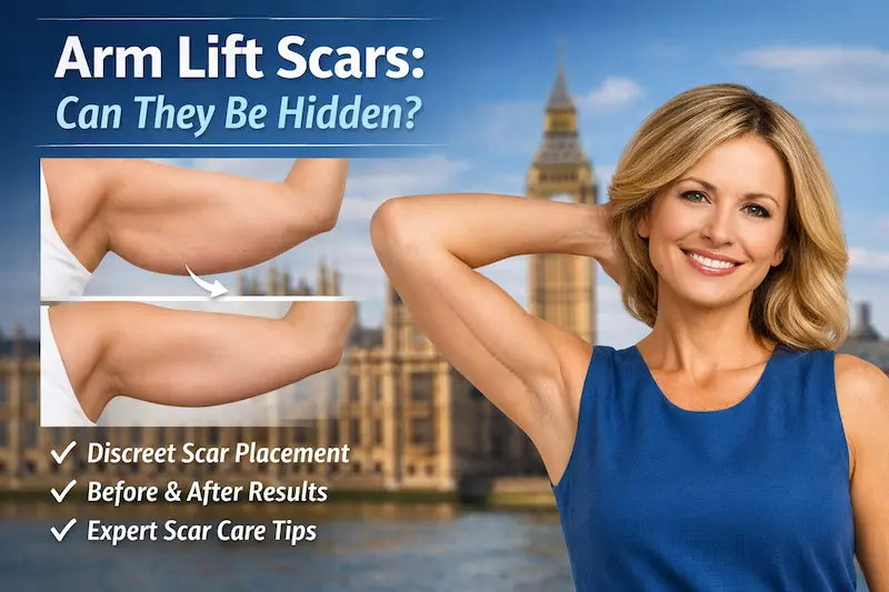 Arm lift scar illustration showing discreet inner arm scar placement, before and after contour change, and UK-focused scar care advice.