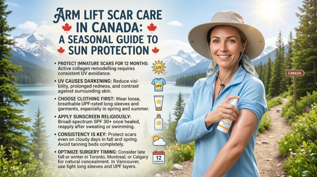 Woman applying sunscreen to an arm lift scar during outdoor recovery in Canada with UV protection guidance.