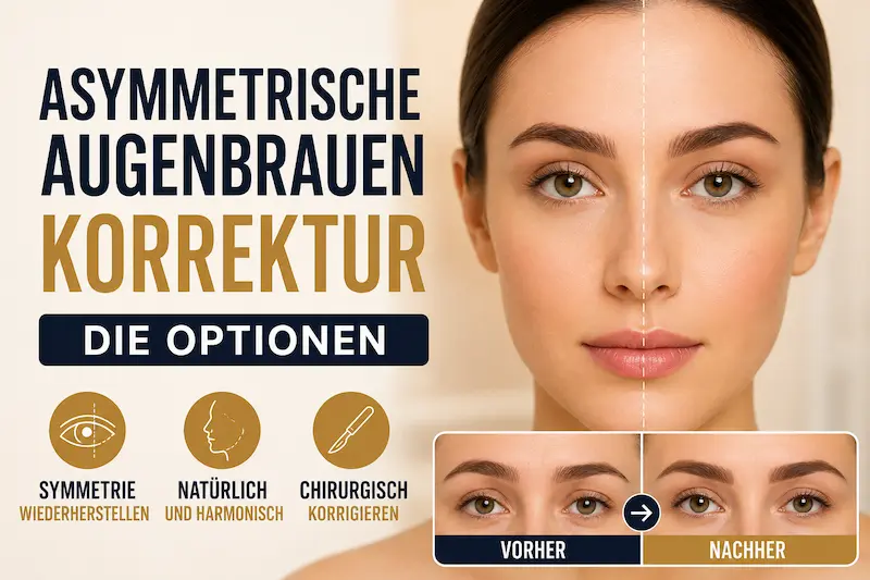 Asymmetrische Augenbrauen Korrektur mit Darstellung ungleicher Brauen und möglicher chirurgischer Behandlungsoptionen.