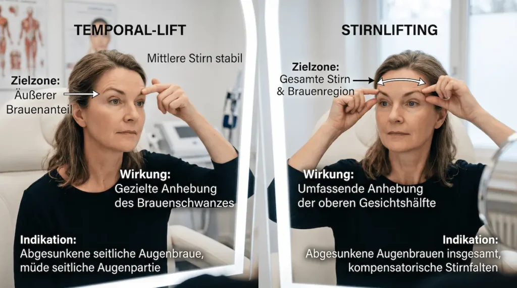 Temporal Lift oder Stirnlifting: Frau zeigt im Spiegel den Unterschied zwischen gezielter Anhebung des Brauenschwanzes und der gesamten Stirn.