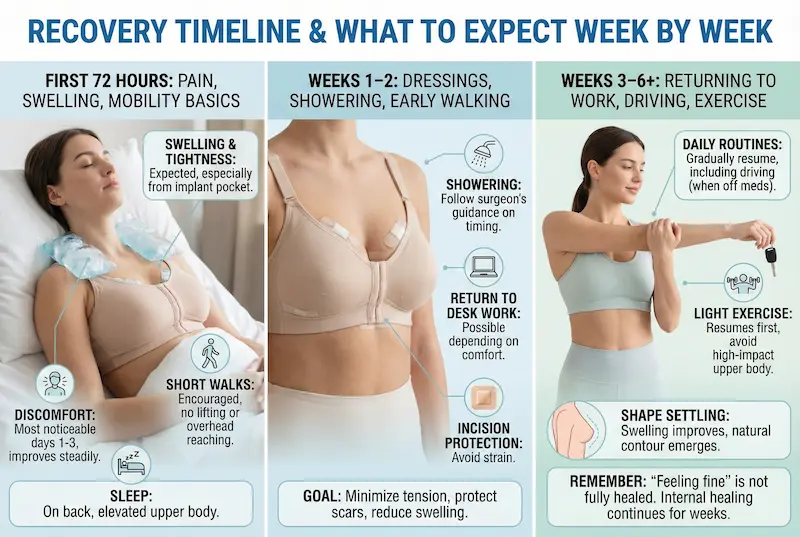 Breast lift with implants recovery timeline infographic showing first 72 hours, weeks 1–2, and weeks 3–6+ with swelling, mobility, incision protection, and return to exercise guidance.
