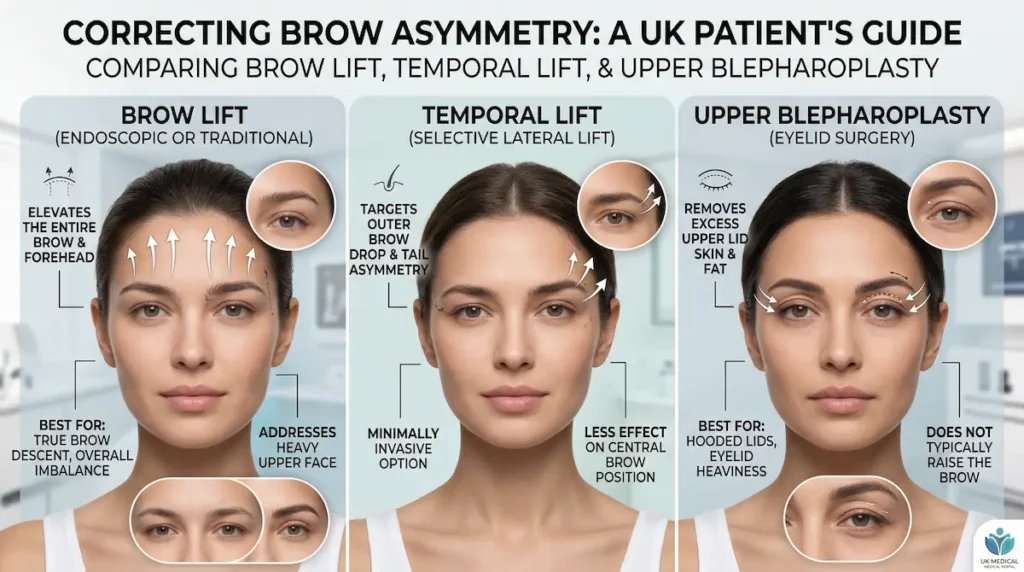 Comparison infographic for asymmetrical eyebrow correction showing brow lift, temporal lift, and upper blepharoplasty for uneven brows.