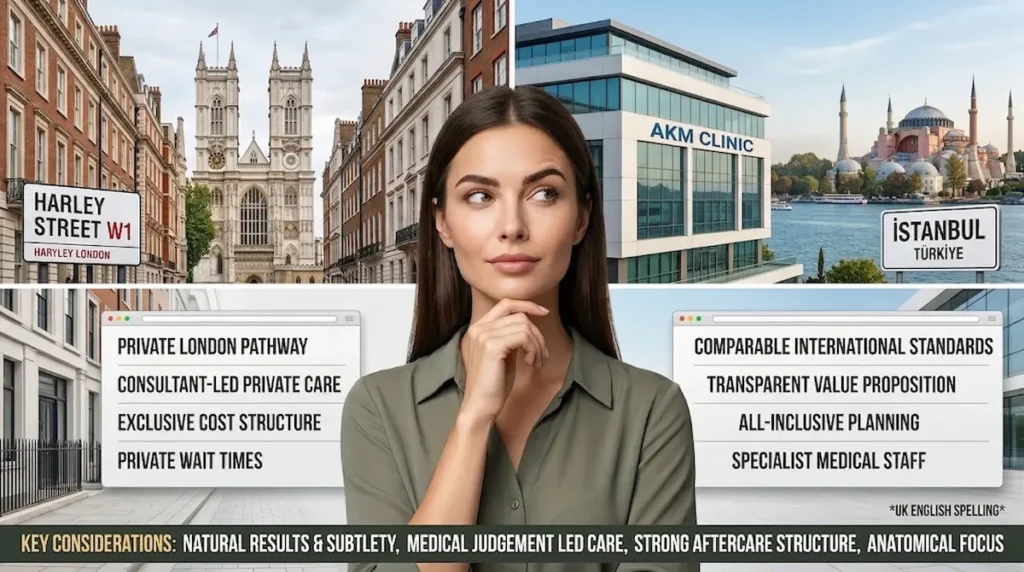 Comparison image for asymmetrical eyebrow correction showing Harley Street and Istanbul pathways, consultant-led care, value, and aftercare.