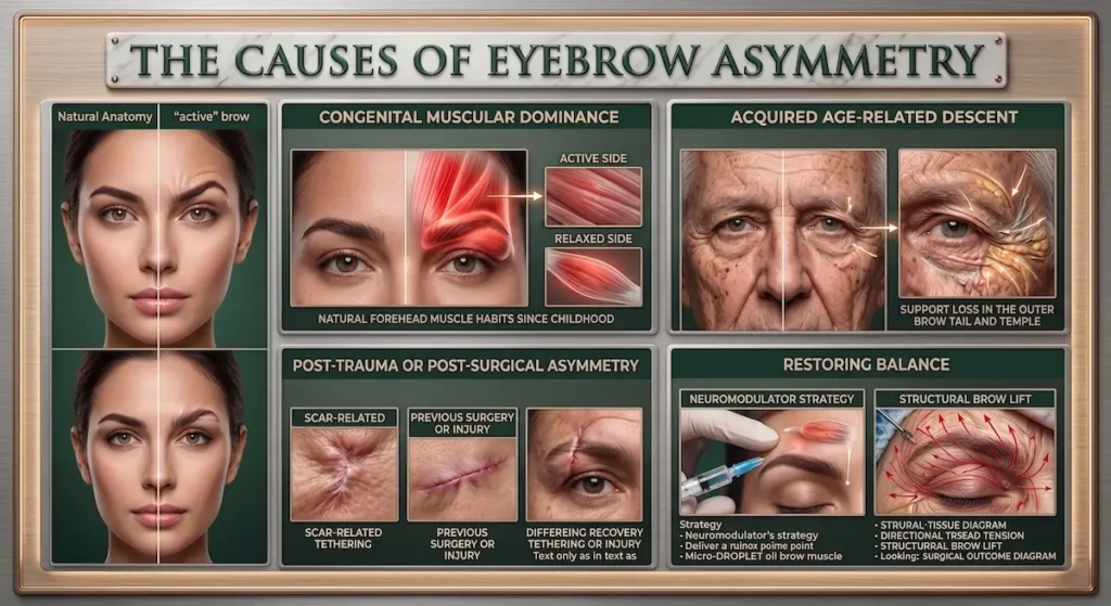 Asymmetrical eyebrow correction diagram showing muscle dominance, aging, trauma and surgical options for brow imbalance.