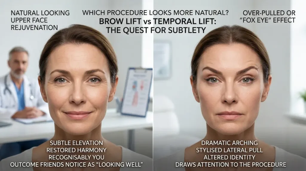 Temporal lift vs brow lift comparison showing natural upper-face rejuvenation versus an over-pulled fox eye effect.