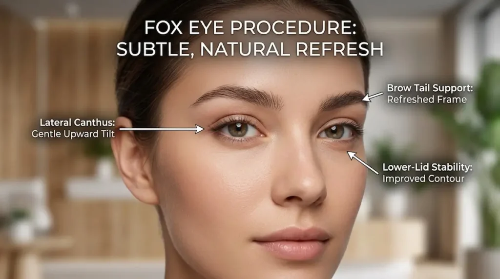 Fox eye surgery Turkey diagram showing brow tail support, lateral canthus lift and lower lid stability for a natural refresh.