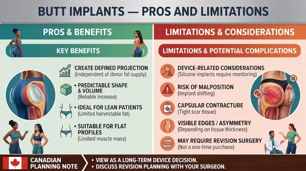 BBL implants vs fat transfer visual showing butt implants pros, limitations, projection benefits, and implant related risks.