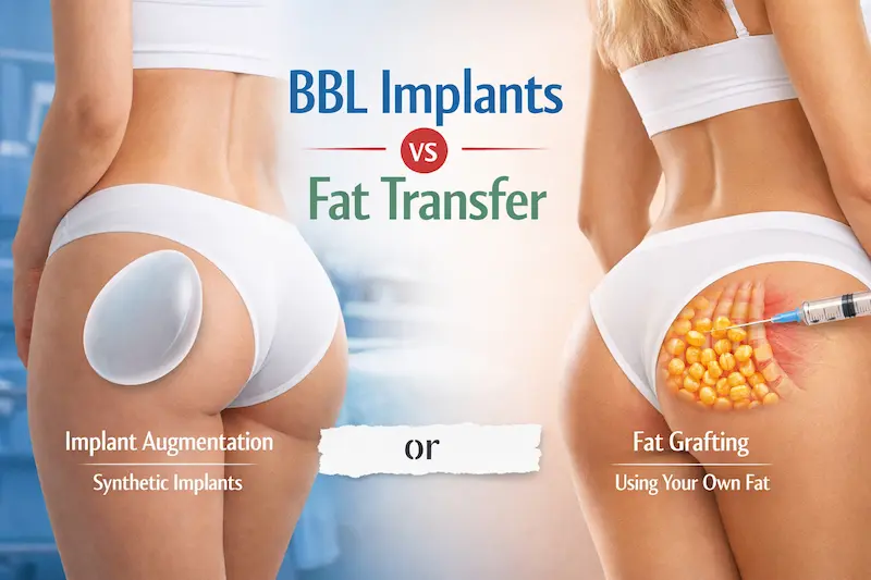 Illustration comparing BBL implants vs fat transfer, showing implant augmentation on one side and fat grafting on the other.
