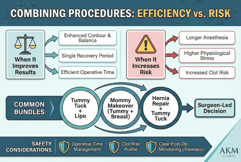 Infographic on combining procedures showing tummy tuck + lipo, mommy makeover, and hernia repair with benefits vs risks like longer anesthesia and clot risk.