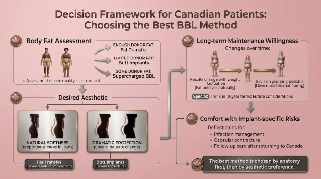BBL implants vs fat transfer decision framework showing donor fat assessment, aesthetic goals, maintenance planning, and implant risk comfort.