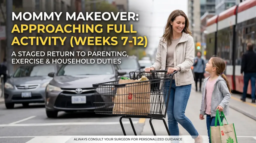 Mom and child walking with groceries, showing mommy makeover recovery with kids during Weeks 7 to 12 activity return.