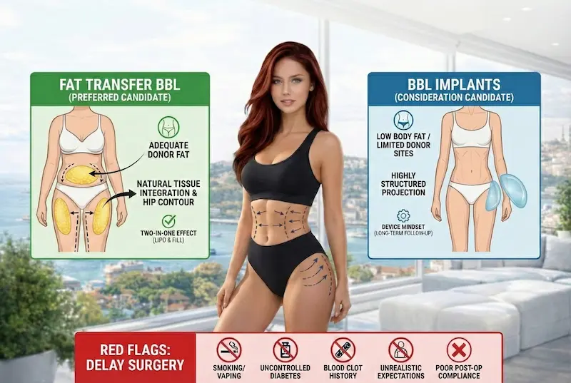 Candidate selection infographic comparing fat transfer bbl vs bbl implants, showing ideal candidates, donor fat needs, and red flags to delay surgery