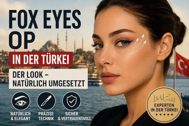 Fox Eyes Türkei: Frau mit markiertem Augenlift vor Istanbuler Kulisse für einen natürlich geplanten Fox-Eyes-Look.