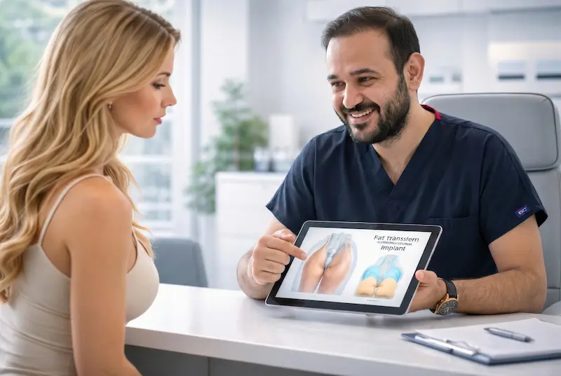 Akm clinic consultation showing a surgeon discussing bbl implants vs fat transfer options on a tablet as part of a safety-first clinic and surgeon checklist