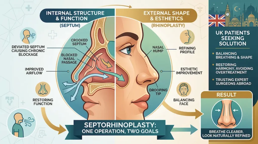 Septorhinoplasty Turkey infographic showing septum correction, improved airflow, nasal shape refinement, and profile balance for UK patients.