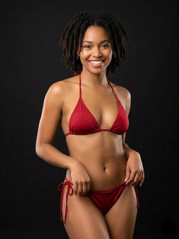 Symbolbild zur Vaginalstraffung: lächelnde Frau mit Locken im roten Bikini vor schwarzem Hintergrund