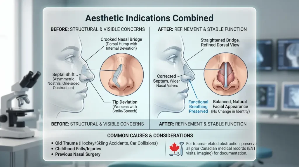 Septorhinoplasty Turkey diagram showing crooked nose surgery, septal shift, and preserved breathing function.