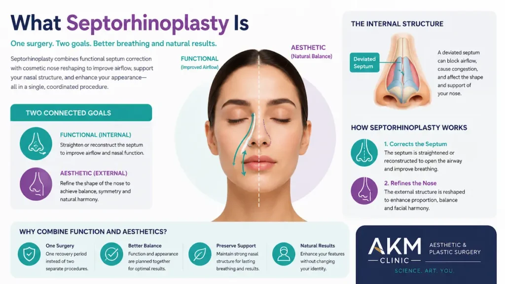 Septorhinoplasty Turkey infographic explaining deviated septum correction, improved airflow, and natural nose balance.