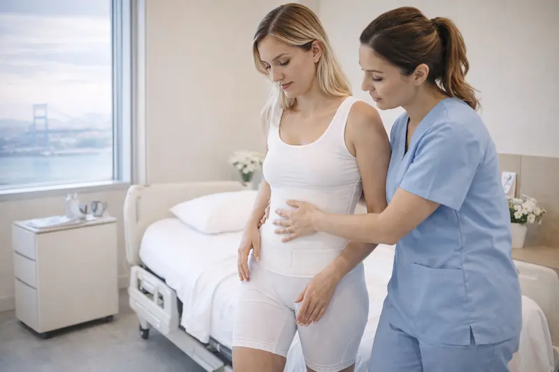 Post-operative check-up after diastasis recti repair surgery showing a patient in a compression garment receiving guidance on recovery timeline and safe movement.