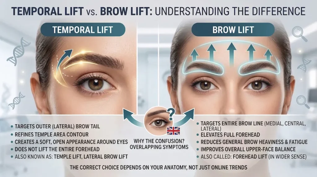 Temporal lift vs brow lift infographic comparing lateral brow tail lift, full brow elevation, and overlapping upper-face symptoms.