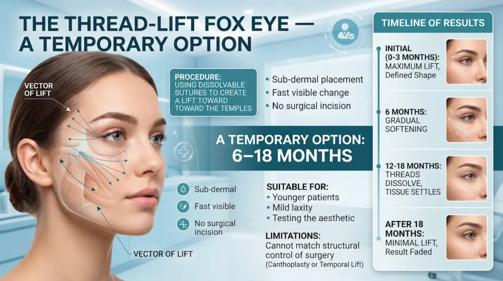 Fox eye surgery Turkey infographic showing dissolvable threads, lift vectors and a 6 to 18 month result timeline.