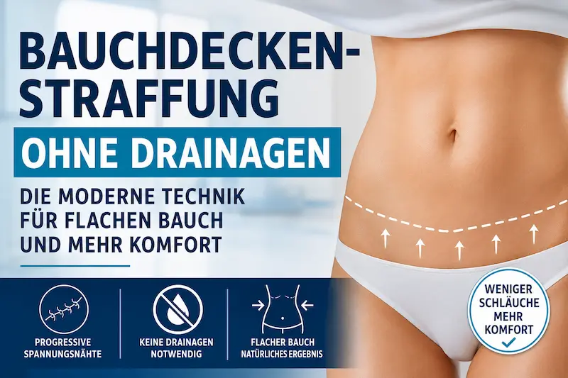 Bauchdeckenstraffung Drainage: Darstellung einer drainagefreien PTS-Technik mit markierter Unterbauchregion.
