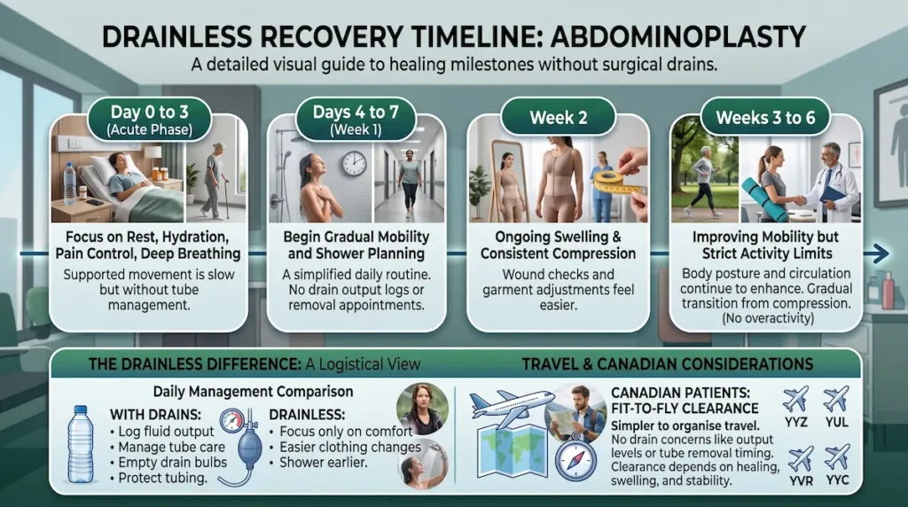 Tube tummy tuck recovery timeline infographic showing healing stages without surgical drains for Canadian patients.