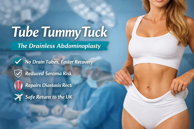Tube tummy tuck cover image showing a woman’s toned abdomen with UK-focused text on drainless abdominoplasty benefits and recovery.