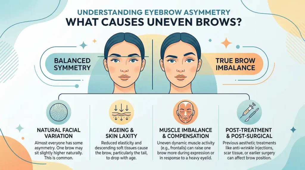 Infographic on asymmetrical eyebrow correction comparing balanced symmetry with true brow imbalance and explaining common causes of uneven brows.