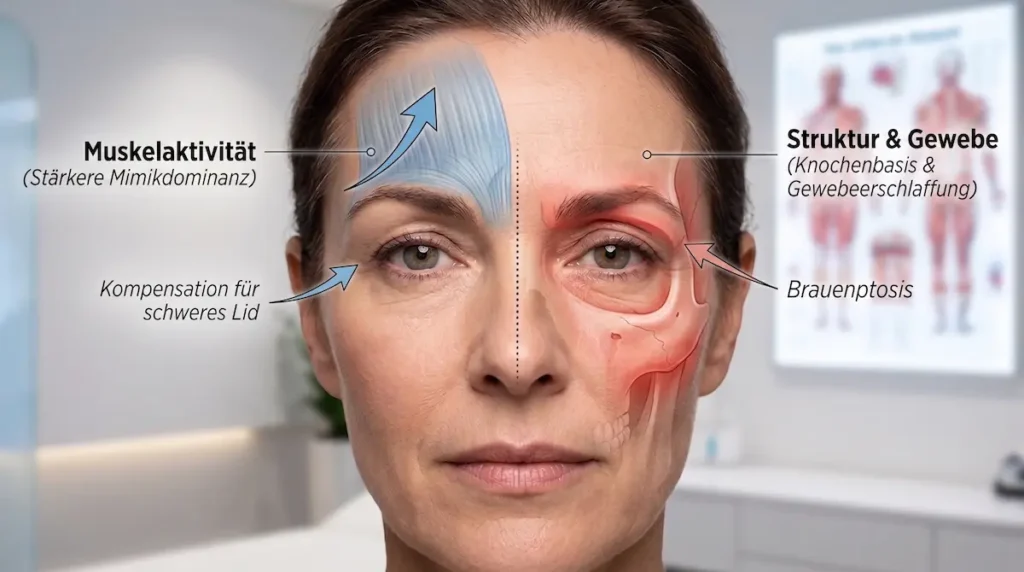 Asymmetrische Augenbrauen Korrektur: Darstellung von Muskelaktivität, Gewebeerschlaffung und Brauenptosis als mögliche Ursachen.