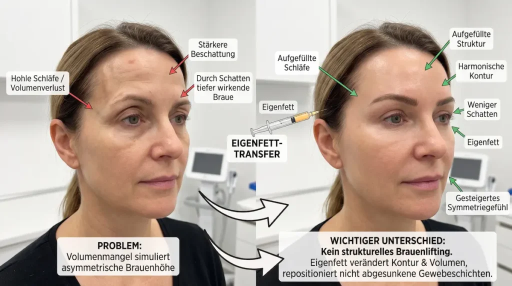 Asymmetrische Augenbrauen Korrektur bei Volumenverlust an der Schläfe mit Eigenfett zur harmonischen Konturverbesserung.