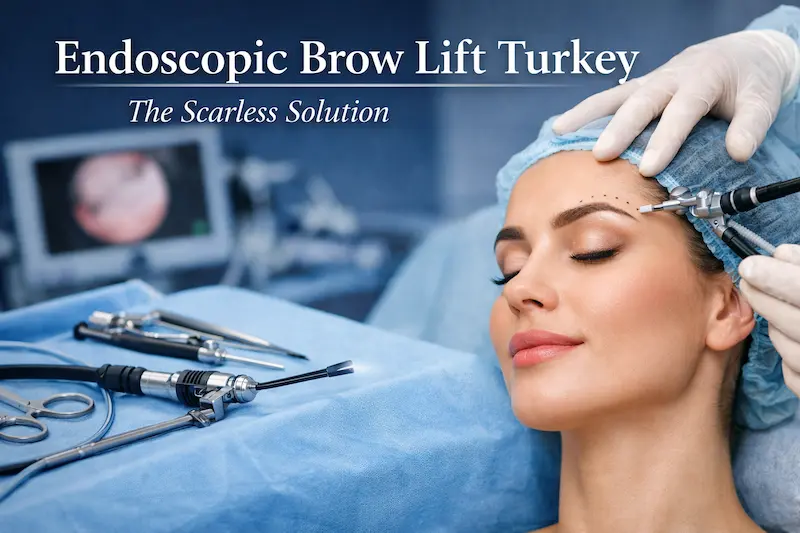 Endoscopic brow lift Turkey cover image showing a patient in theatre with endoscopic instruments positioned at the brow hairline.