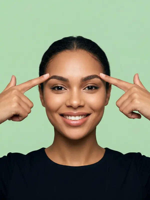 A happy, beautiful woman pointing to her elevated eyebrows after experiencing the Endoscopic Brow Lift All-Inclusive Package in Turkey at AKM Clinic.