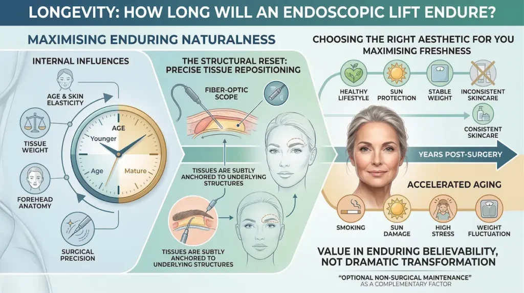 Endoscopic brow lift Turkey longevity infographic showing recovery factors, tissue support and long term result maintenance.