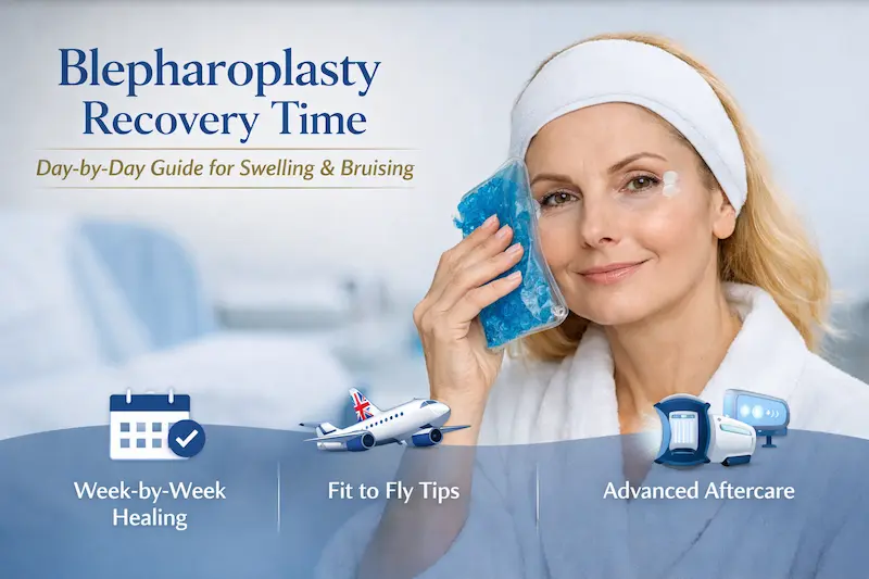 Blepharoplasty recovery time guide showing a woman using a cold compress after eyelid surgery, with swelling, bruising and aftercare themes.