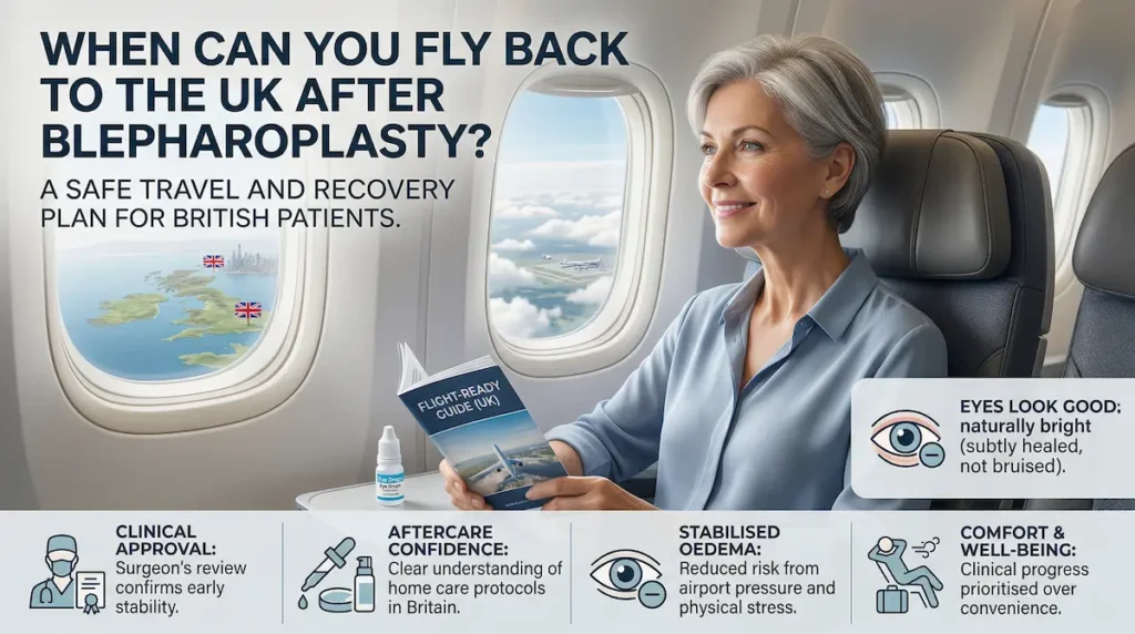 Blepharoplasty recovery time graphic showing a British patient flying home after eyelid surgery with fit-to-fly and aftercare guidance.