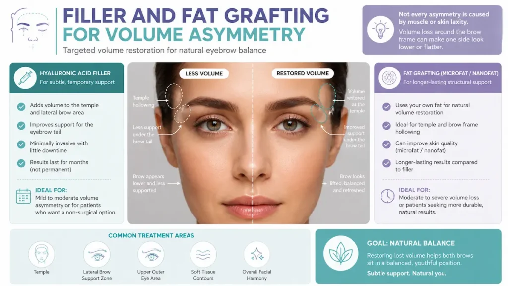 Asymmetrical eyebrow correction infographic showing filler and fat grafting for volume asymmetry around the temple and brow.
